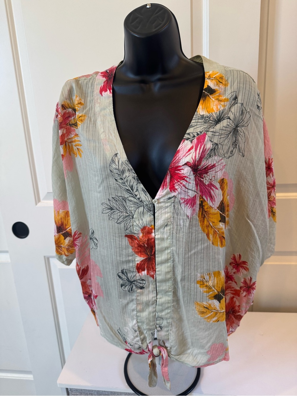Express Sage Floral Button-Front Blouse with Pink and Yellow Accents
